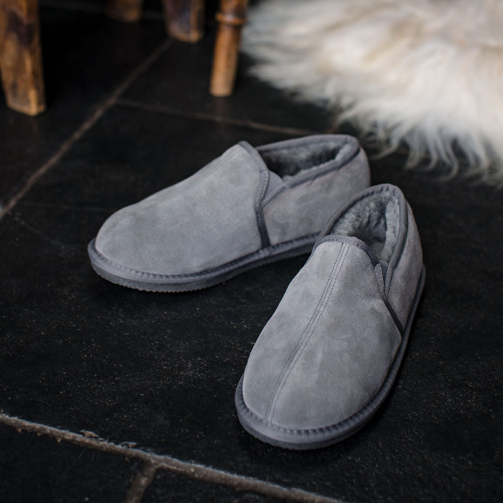 Deluxe Mens Sam Sheepskin Slippers with Hard Sole Dark Grey