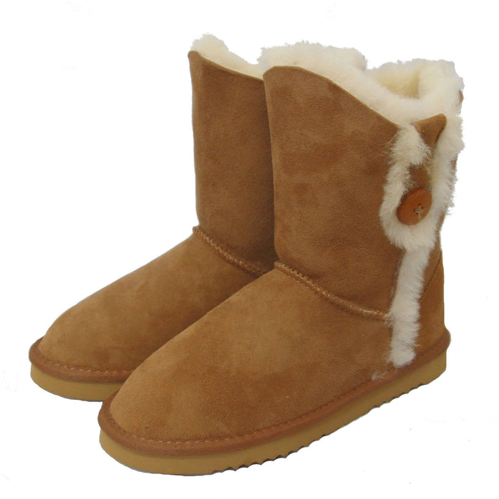 Deluxe Ladies Lacey Button Sheepskin Boots - Chestnut